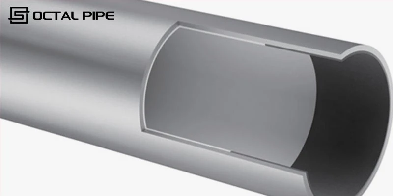 CRA lined pipe cross-section showing alloy liner and carbon steel base pipe CRA lined pipe cross-section showing alloy liner and carbon steel base pipe